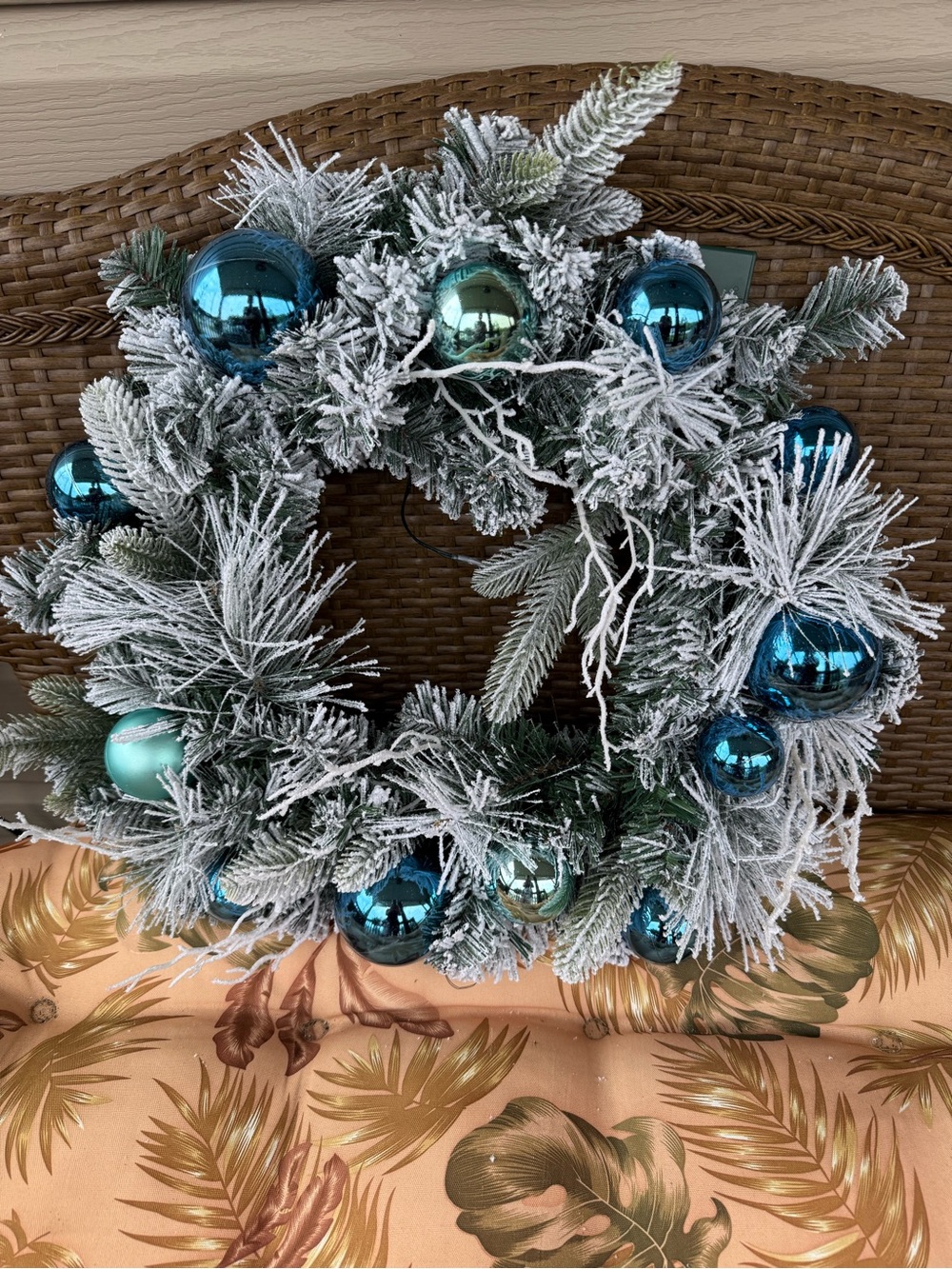 Flocked Pine Holiday Wreath with Blue Ornaments